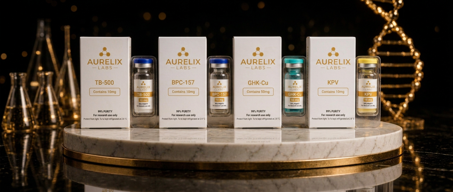KLOW Stack — TB-500 10 mg + BPC-157 10 mg + GHK-Cu 50 mg + KPV 10 mg — balenie a ampulka AURELIX LABS